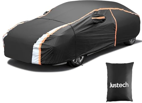 Justech Bilöverdrag, utomhusbilskydd, 210D Oxford-tyg, komplett bilskydd med reflekterande ränder och dragkedjor, UV-skydd, regn, snö 490 x 190 x 150 cm