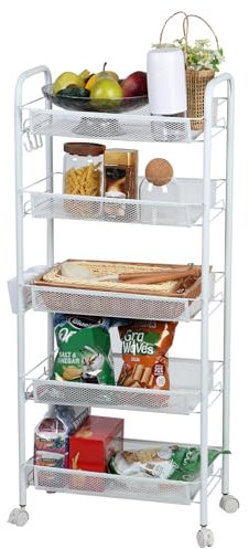 UDIYO 5 Tier Stackable Vegetable Rack, Vegetable Storage Rack with Rolling Wheels, Veg Rack Storage, Metal Mesh Veg Basket for Kitchen, Fruit and Veg Storage (White)