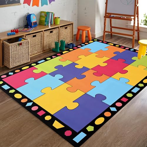 YHUERC Rainbow Puzzle Area Rug, 60x90cm Baby Crawling Mat, Children's Playroom Decor, Background With Colorful Colors, for Living Room Bedroom Daycare Or Home School Reading Corner Rug.
