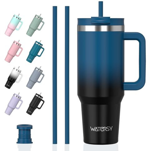 WATERSY 1.2L Thermobecher mit 2 Strohhalmen, Trinkbecher Auslaufsicherer Kaffeebecher To Go Vakuum-Isoliert mit BPA frei Schraubdeckel, Trinkflasche Kühlt 12 Stunden,Tiefseelndigo