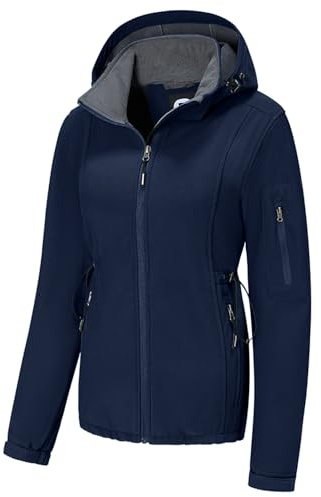 FARVALUE Women's Softshell Jacket Waterproof Lightweight Warm Windbreaker with Removable Hood Fleece Lined for Outdoor Hiking Navy X-Large