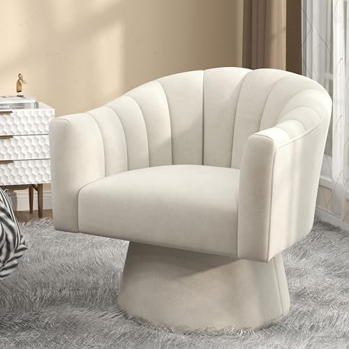Swivel Accent Chair,Upholstered Velvet 360° Swivel Barrel Chair for Living Room Overstuffed Bouncle Reading Chair Round Armchair for Bedroom,Vanity,office (Beige)