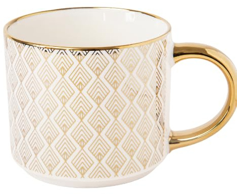Luxury Ceramic Bone China Coffee Mug 490ml with Gold Handle with Art Deco Metallic Print, Elegant Gift Mug (H 9cmx 9.5cm) Assorted Designs (Monochrome Deco Arches)