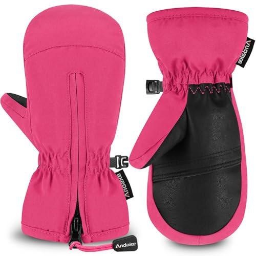 Andake Guantes de esquí para niños y niñas, adecuados para Deportes al Aire Libre, puños elásticos, Cremallera, cálidos, Impermeables | Guantes de nieve cálidos de invierno transpirables para niños de 1 a 14 años