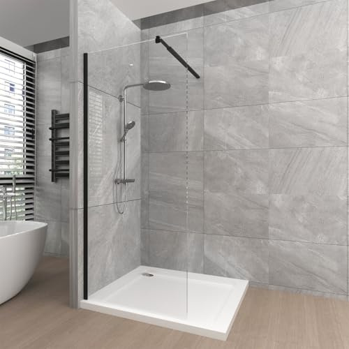 T&K Cabine de douche à l'italienne 80 x 190 cm, paroi de douche pour salle d'eau, cadre noir, verre trempé de sécurité de 8 mm facile à nettoyer des deux côtés, avec barre de support télescopique