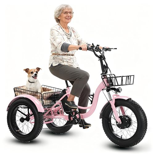 flatpincololee Tricycle Électrique Adulte 500W Tout-Terrain – Batterie Amovible 48V 13Ah, Pneus Larges 20, Freins à Disque Doubles, Cadre Solide, Panier Arrière, Vélo Électrique Autonomie Pink
