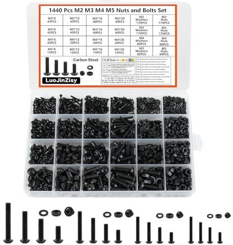 1440 PzViti M2 M3 M4 M5, Assortimento di Bulloni e Dadi, Set di Viti a Testa Cilindrica con Esagono Incassato, Kit di Bulloni Testa Tonda con Rondelle, set di Viti per Macchine Nere
