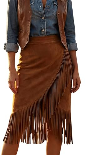 Costume da cowboy da donna a vita alta, con gonna ad A, stile vintage, con frange, sexy, in pelle scamosciata, stile boho, A8 marrone, L