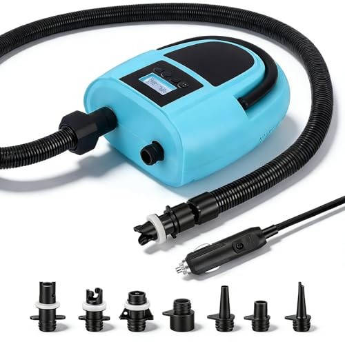 Pompa Elettrica SUP 12V, Gonfiatore a 2 Stadi 350L/min con Arresto Automatico, 7 Ugelli, 0,5-20 PSI, Portatile per Gonfiare/Sgonfiare Paddle Board, Gommoni, Materassi Aria, Piscine & Campeggio