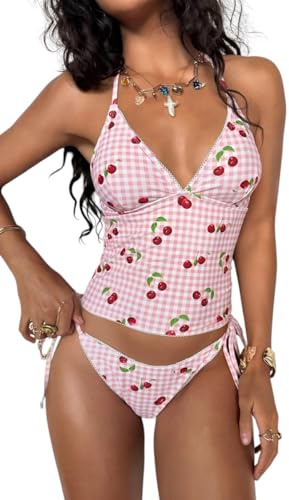 Tankini de Dos Piezas para Mujer con Estampado de Cuadros Vichy y Cerezas, Traje de Baño Halter y Braga de Bikini Clásica Rosado Gris