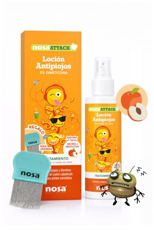 NOSA ATTACK Loción Capilar Antipiojos Infantil Melocotón con Dimeticona 5% Para Piojos y Liendres Desde 6 Meses que Incluye Peine Lendrera 100 ml Uso Familiar Cabello Suave Fácil de Peinar en Casa