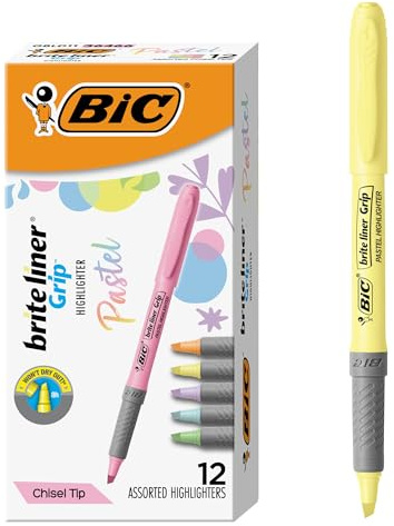 BIC Brite Liner Grip Pastel Highlighters, 12-Count