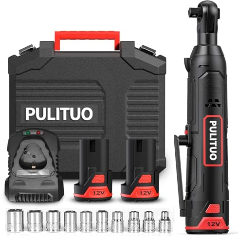 PULITUO Elektrische Ratschenschlüssel Set, 12V Akku Ratschenschlüssel 3/8 mit 2pcs 2000mAh Akkus und Ladegerät, 50N.m, 10 Steckdosen und LED-Licht