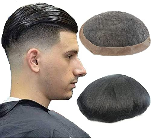 N.L.W. Parrucca Uomo PU e Pizzo Toupee Europeo Pezzi Per I Pacini Umani, protesi capelli uomo Piaccelli 9×6 Pollici Skin Sottile 0.06 cm Spessore Uomini Parrucca in Nero Naturale