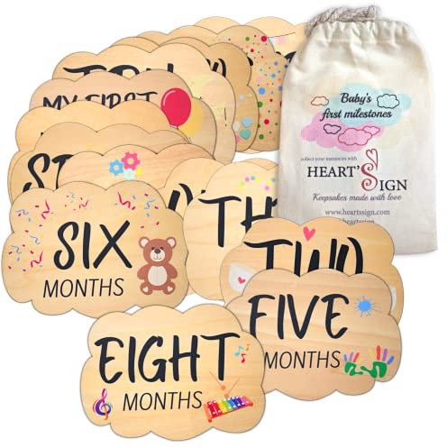 Heart's Sign Baby Monatliche Meilensteinkarten – Hello World Neugeborenes Schild | Monatliche Meilensteinscheiben | Baby Monatliche Meilenstein-Holzscheiben | Neugeborene Geschenkset