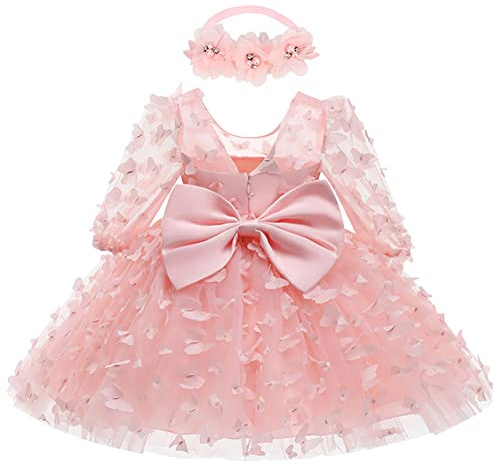 Vestido de niña de las flores para bebé niña pequeña boda fiesta de cumpleaños smash de pastel bautizo bautismo día festivo día de San Valentín lazo malla tul transparente manga larga vestidos, rosa