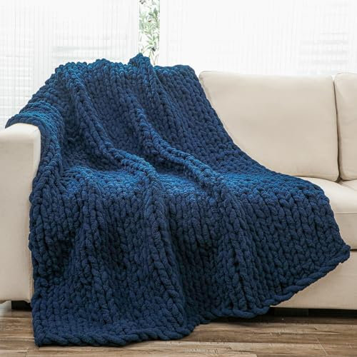 YAAPSU Chunky Knit Throw Blanket for Couch, 40x50, 100% Hand Knitted Thick Cable Knit with Cozy Jumbo Chenille Yarn, Soft Large Rope Knot Crochet Blankets for Sofa Bed Living Room Décor, Navy Blue