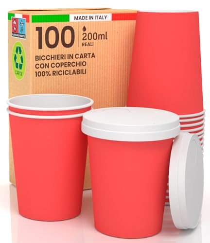 100 Bicchieri Caffè Asporto in Carta Rosso 200ml Con Coperchio - Bevande Calde e Fredde Ecologici Biodegradabili - Tazze Monouso Colorate + 100 Coperchi Con Beccuccio