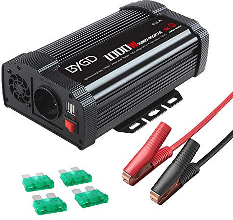 BYGD 1000W Invertitore Potenza per Auto, Power Inverter 12V a 230V Potenza Accendisigari Clip per Batteria Convertitore Potenza Onda Modificata per Auto/Camper Sinusoidale Modificata