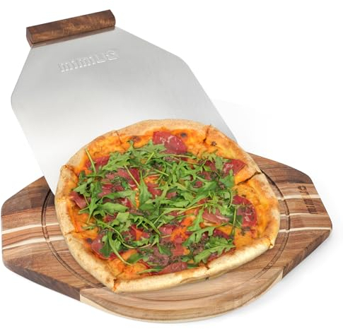 Mimiuo Set de Planche à Decouper et Pelle à Pizza, Pelle Pizza Aluminium, Plat à Pizza en Bois d'Acacia avec poignée, pour Pizza à Utiliser comme Plat à Tarte, Plateau Fromage, Planche à Pain