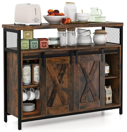 GiantexUK Industrial Buffet Sideboard, Wooden Storage Cabinet with 2 Sliding Barn Doors, 3-position Adjustable Shelves & Anti-toppling Device, Kitchen Cupboard Organizer Unit for Dining Living Room