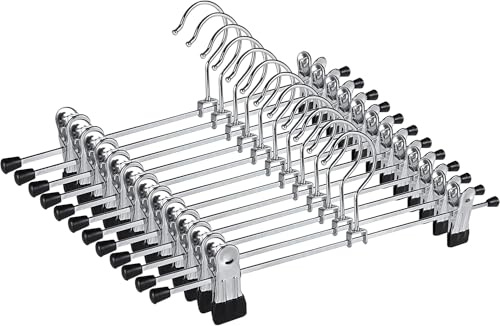 XIAO MO GU Trouser Hangers, 10 Pack Skirt Hangers with Adjustment Metal Grip Clips, Pant Hangers for Kids Adults, Heavy Duty Durable Space Saving, Silver, Zinc Alloy Plating