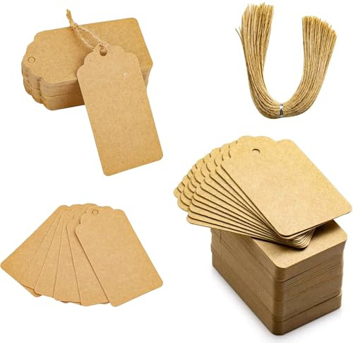 192pcs Etichette Regalo, 9,5x4,5 cm Etichette Cartoncino in Carta Kraft con Corda di Luta Naturale Lungo, Ideale per Etichette Regalo, Cartellini Prezzo e Fai Da Te (2-Rettangolo-192pcs)