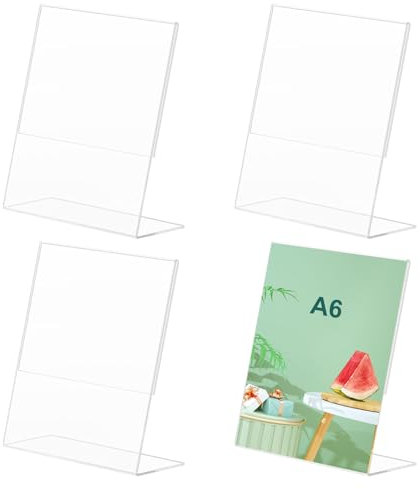 GOIEHIR Espositore da Tavolo, 4 Pezzi Porta Avvisi da Tavolo A6 a Forma, Supporto A6, Supporto da Tavolo in Acrilico, Design Trasparente e Inclinato, Schede per Buffet, per Ristorante, Negozio, Hotel