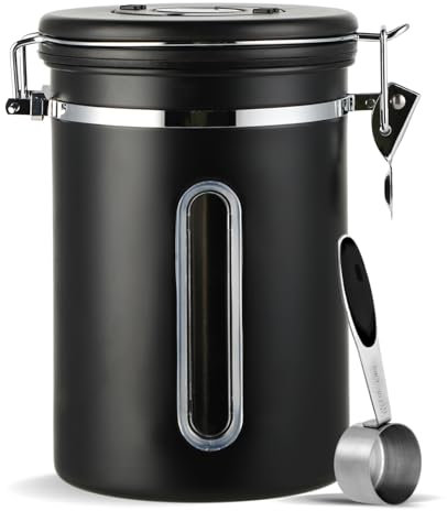 Boîte à Café Hermétique - RéCipient à Café En Acier Inoxydable 1,8 L avec fenêtre transparente indicateur de date et cuillère doseuse pour le stockage des grains de café thé noix cacao etc (Noir)