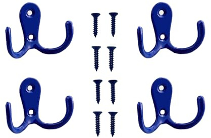 Lansonee Vipermark Kleiderhaken mit zwei Zinken, Wandmontage, Kleidung für Badezimmer, Schlafzimmer, Tür, Wand, Retro, Metall-Kleiderbügel, Doppel-Kleiderhaken mit 8 Schrauben, Blau, 4 Stück
