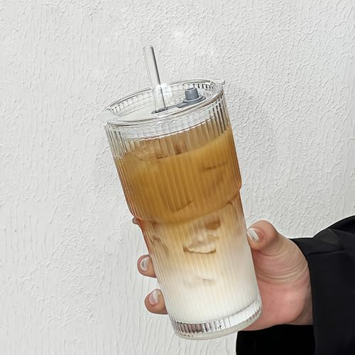 Tazza in vetro con coperchio e cannuccia, 600 ml, bicchieri da caffè, bicchieri da birra, bicchieri da viaggio, bicchiere per smoothie, design a prova di perdite, per caffè, cocktail, tè, 1 pezzo