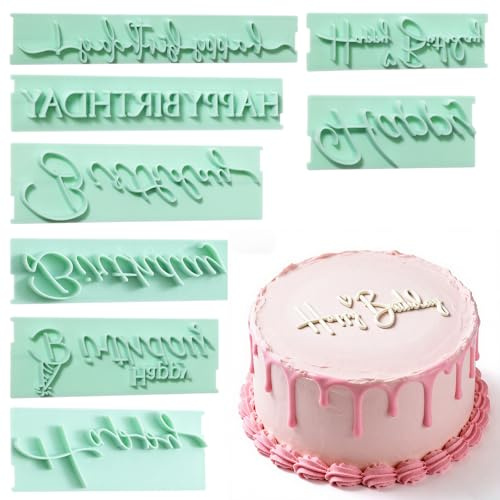 8Pcs Happy Birthday Fondant Stamp, Happy Birthday Stencil for Cakes Letter Writing Stencil Reusable Cake Words Stamp for DIY Cookies Decorating