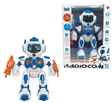 Radiocom - Mars 16 - Robot RC 2.4GHz per bambini - Cammina, gira, trasla - Spara dardi - Racconta storie - Braccio oscillante - Voce e musica - Luci - Programmabile - Modalità demo - Volume regolabile