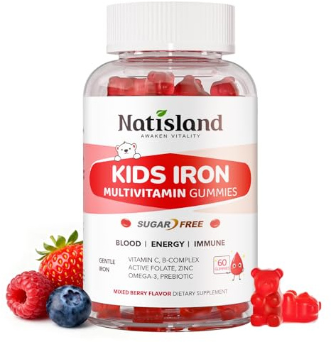 Iron Gummies for Kids & Teens, Kids Multivitamin with Iron Supplement, Vitamin B Complex, A, C, D3, Calcium, Zinc, DHA, Prebiotic, Blood Builder & Energy Support for Iron Deficiency, Vegan, 60 Ct