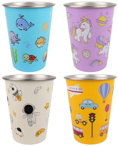 Fiotha Lot de 4 Gobelets pour Enfants en Acier Inoxydable, 350 ml Tasse Inox pour Enfant, Réutilisables avec Sac de Rangement pour G arçons et Filles pour École, Maison, Plein Ai (4 Couleurs)