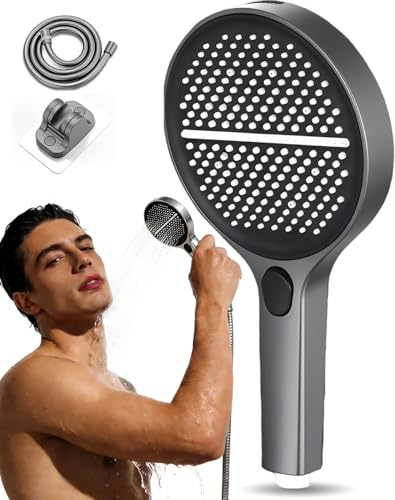 VortexRain XL Wide-Coverage 4-Mode Handheld Shower Head - with 1.5m Flexible Hose ＆ Bracket,Spa-Like Comfort,15cm Panel, 0.7mm Liquid Nozzle,Anti-Clogging Silicone Nozzle,Sturdy ＆ Durable (Gray)