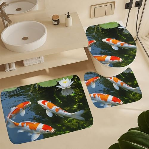 3 Piezas Juego De Alfombra De Baño Estanque De Peces Juego De Alfombrillas De Baño Imprimir Cómoda Alfombras De Cama, para Dormitorio, Cocina, Bathroom