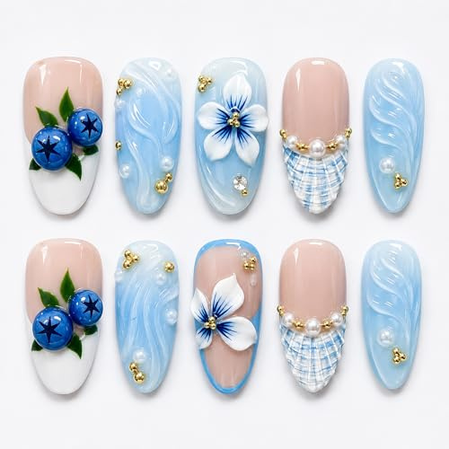 Bohemian Blue Ocean Theme Press on Nails with 3D Shells, Pearls & Wave Designs - Medium Almond False Nails Set in Gradient Gloss Finish for Women Summer Salon Manicure, 24 Pieces