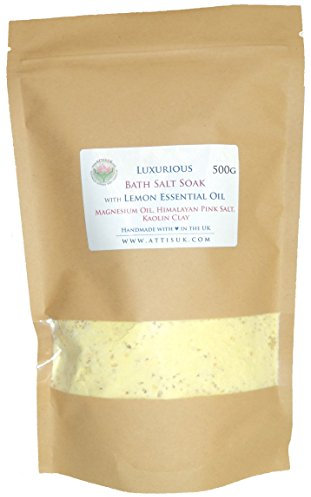 Attis, sale da bagno di lusso in ammollo con olio essenziale di limone, olio di magnesio, sale rosa dell'Himalaya, argilla caolino, vegana, fatta a mano, rilassante, rinfrescante, rigenerante (500 g)