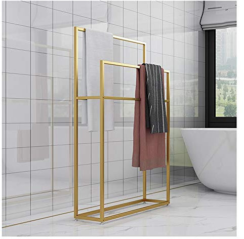 WING Porte-Serviettes en métal Porte-Serviettes sur Pied Support 2 Barres, Support Serviettes de Bain, Robuste, résistant à la Rouille et à la Corrosion, H 110cm,d'or,65×20×110cm(L×W×H)