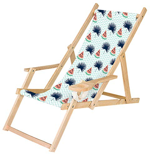 Ferocity Holz-Liegestuhl Klappbar Klappliegestuhl mit Armlehne und Getränkehalter Strandstuhl Motiv Palm Wassermelone [119]