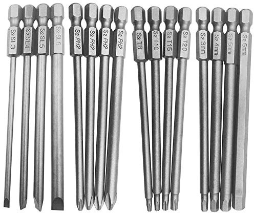 Embouts de Tournevis Longs 16pcs Acier S2 100mm Tige Hex 6.35mm