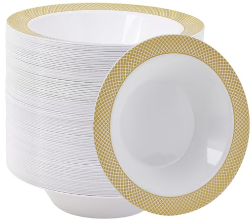 JOLLY CHEF 100 Disposable Plastic Bowls, 12oz Heavy Duty Disposable Dinner Bowls, Dessert Bowls with Gold Rim for Party, Dinners, Catering, Thanksgiving and Everyday Use