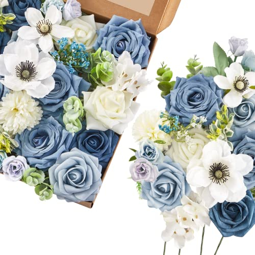 Serwalin künstliche Blumen blau gefälschte Seidenschaum Hochzeit Blumen für Brautstrauß weiße Rosen mit Stielen für Home Party Dekoration Faux Blume Tisch Centerpieces Arrangements für Baby-Dusche