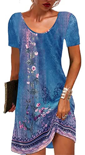 GRMLRPT Damen Kurzarm Rundhals Kleid Bohemian Blumen Sommerkleider MiniKleid Blumendruck Lose Tunika Freizeitkleid(Blau,S)