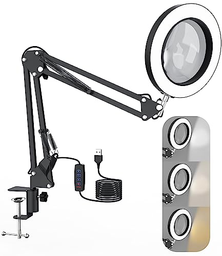 FAOKZE 2 en 1 Loupe de Lecture avec Lumière et Support,Lampe Loupe en Verre Véritable 10X,Bras en Métal Réglable,Lampe de Bureau avec 3 Modes de Couleurs Réglables pour Lecture, Réparation, Artisanat