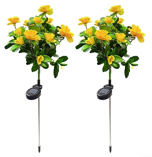 DAZZLEEX 2Pcs Solar Rhododendron Lights LED Flower Stake Lamp Outdoor Yard Waterproof Patio 2V/150MA Upgraded Large Panel,Yellow