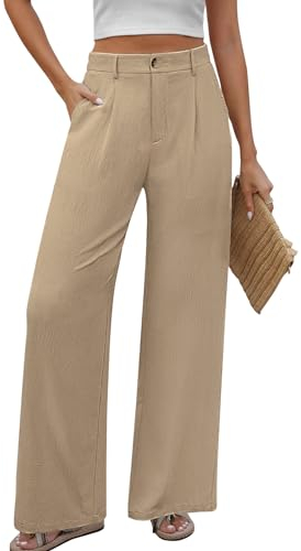 PASUDA Hose Damen Sommer Weites Bein Freizeithose Hight Waist Geradem Sommerhose Bequeme Leichte Lässige Anzughose Hosen mit Taschen, Knopfleiste (Khaki, L)