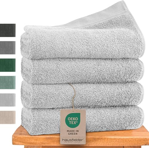 Hausfelder Set de Toallas Premium Con Lazo Para Colgar - 100% Algodón Certificado Oeko-Tex, Suaves y Absorbentes (Gris, 4 Pequeñas de 50x100 cm)