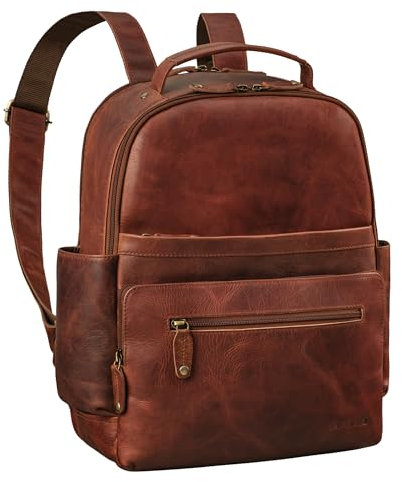 ROYALZ 'New Orleans' Leder Rucksack für Herren und Damen Echtleder Mittel-Groß - als 13-14 Zoll Laptoprucksack Lederrucksack für Business Schule Uni Freizeit, Farbe:Roma Cognac Braun